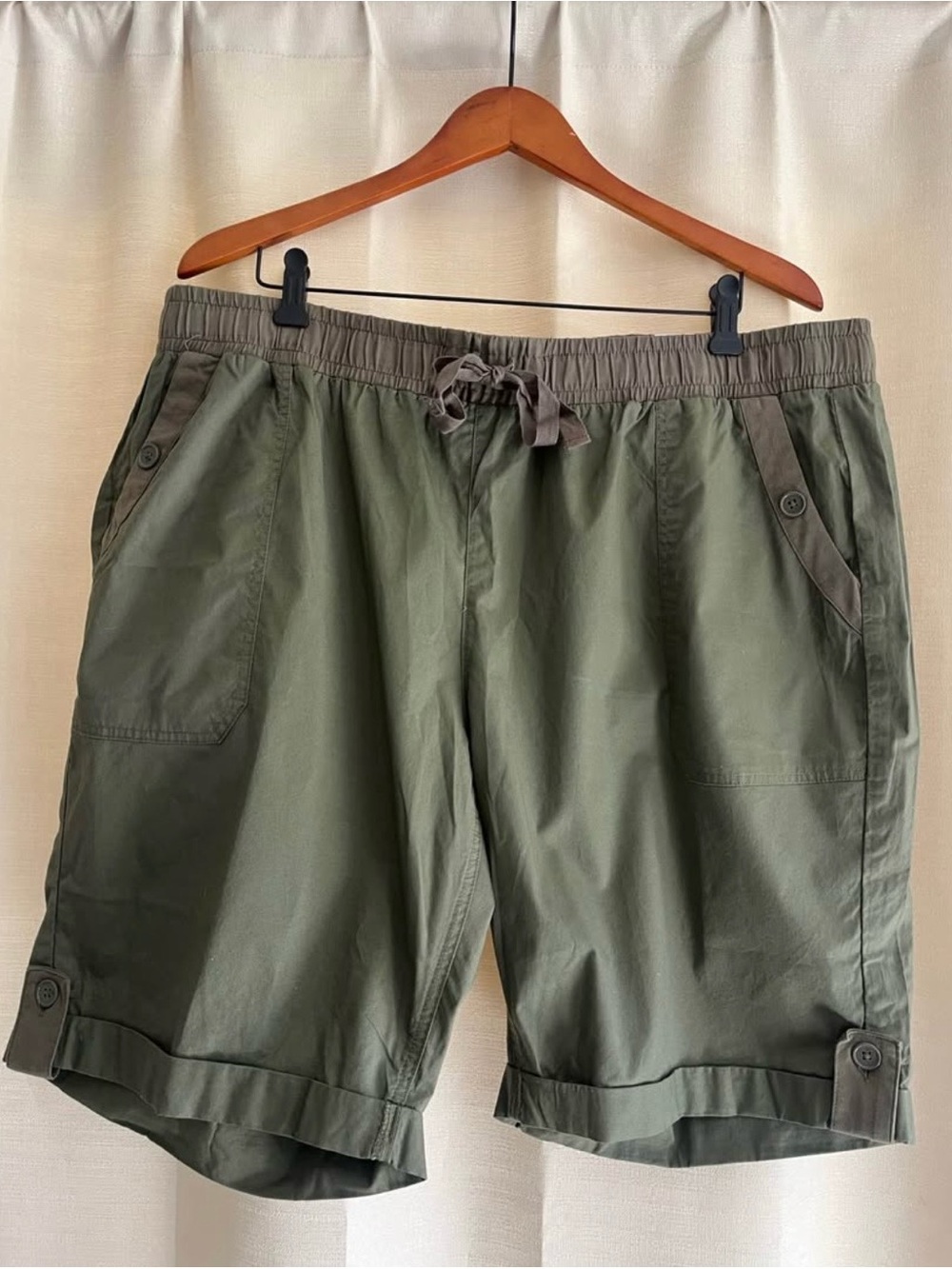 Women's Lane Bryant Olive Drawstring Bermuda Shorts with Button-Trim Pockets